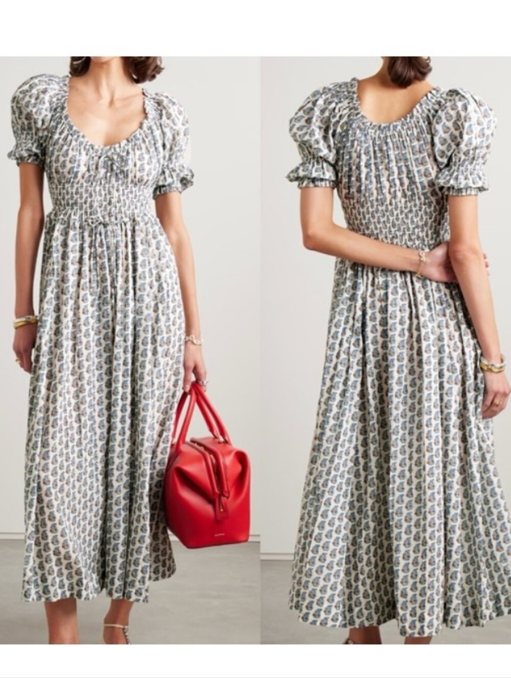 Doen Ischia Shirred  Dress In Sea Salt  Paisley Bouqet Organic Cotton sz L